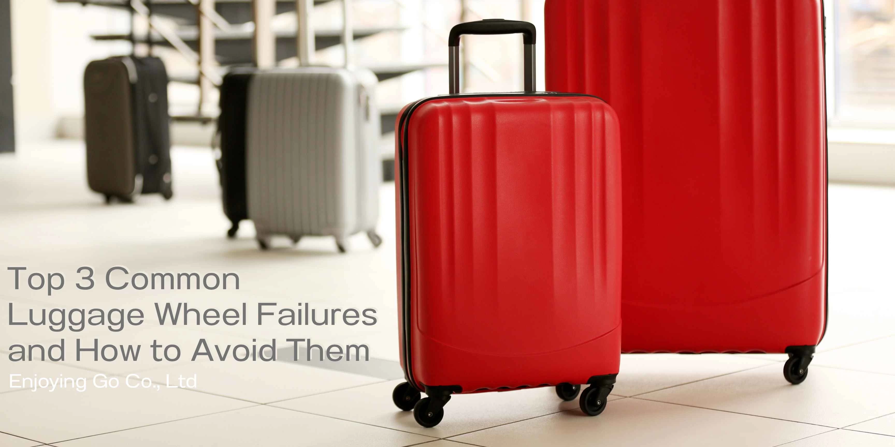 Close-up comparison of damaged luggage wheels with PU peel-off and cracked cores versus a durable one-time injection PU caster wheel from Enjoying Go