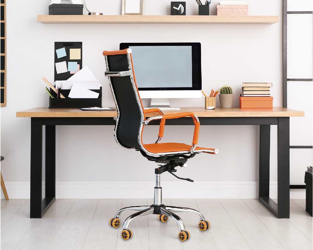 Office chair with orange Gaming Chair Wheels for quiet and smooth mobility.