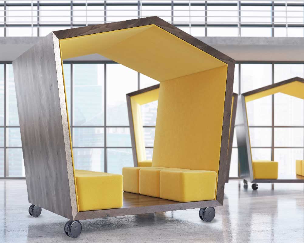 Modern mobile seating unit with yellow cushions on furniture casters