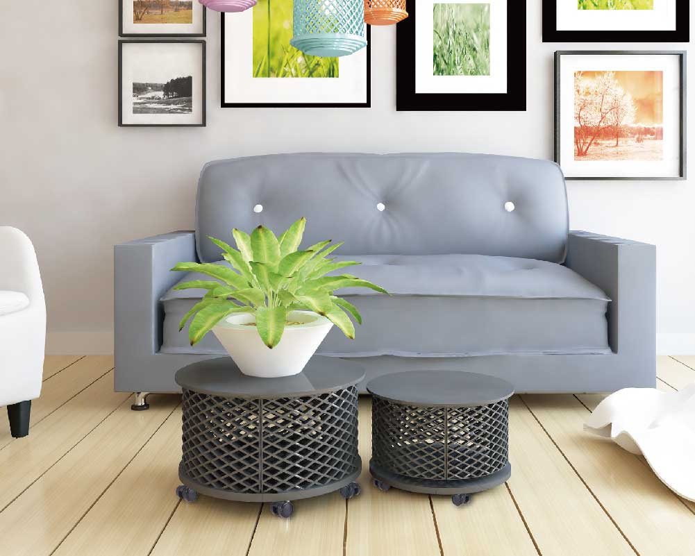 Modern Living Room with Gray Sofa and Caster-Equipped Coffee Tables