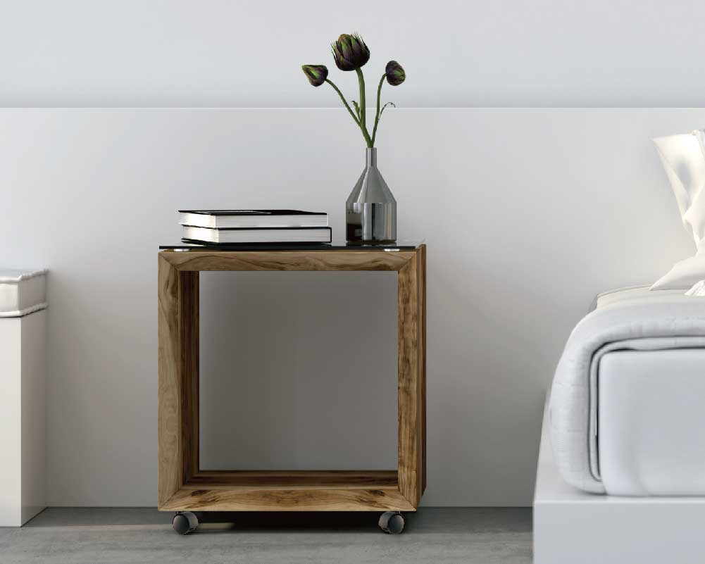 Wooden Bedside Table on Furniture Casters