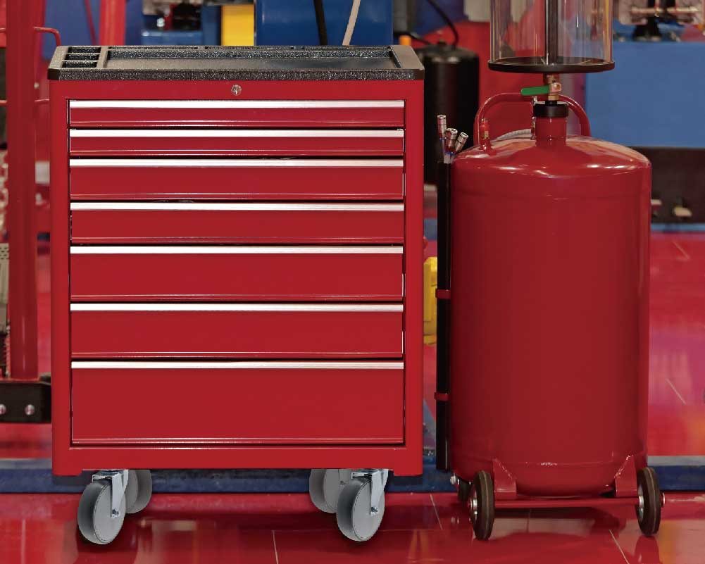 Red Tool Chest with 125mm Furniture PU Caster Wheels in Workshop