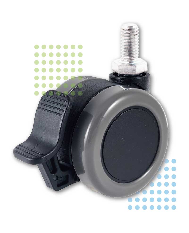 60mm Black PU Caster with Brake and Threaded Stem (Model 6006-23-BK02B-SC)