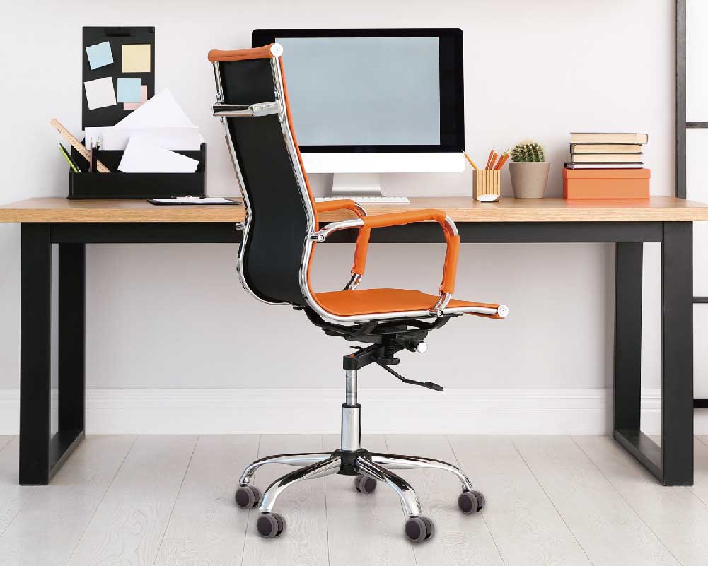 Home office with orange leather chair on casters