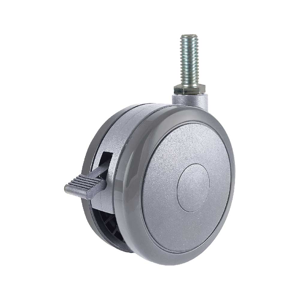 100mm Grey Medical Caster Wheel with Brake, Threaded Stem