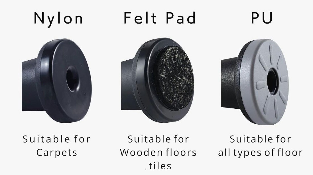 Bell Glides options with Nylon, Felt Pad, and PU for versatile flooring compatibility.