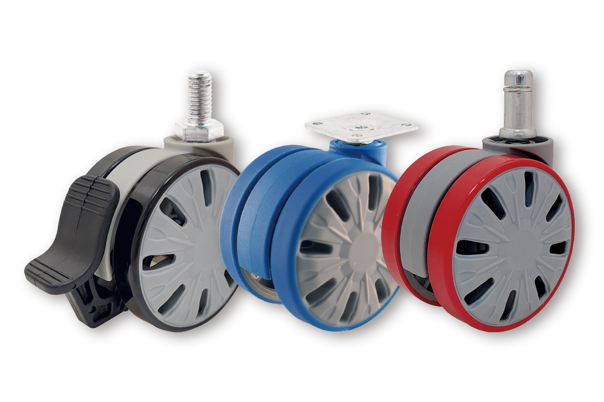 Assorted gaming caster wheels with lock, blue and red designs, featuring enhanced grip and durability