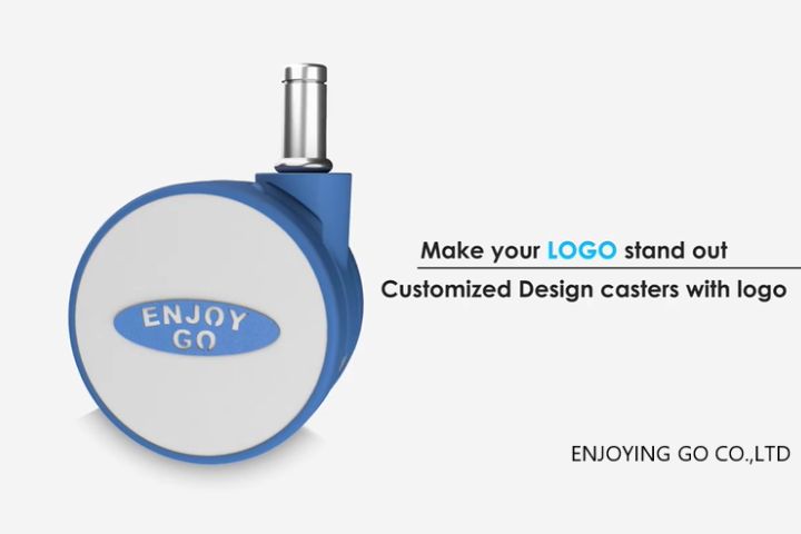 Blue custom caster with logo, highlighting design possibilities
